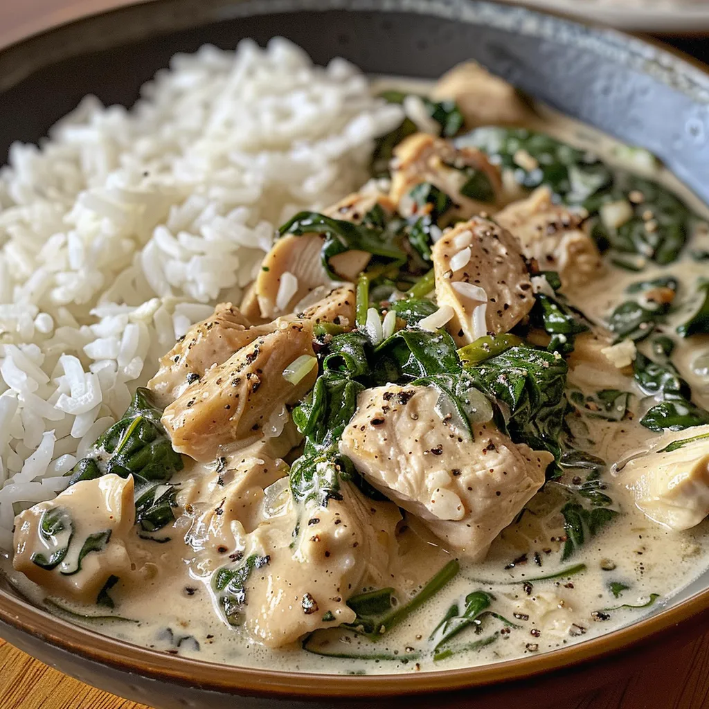 A delicious bowl featuring creamy chicken and spinach served over fluffy white rice.