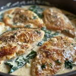 Close-up of juicy Creamy Spinach Chicken served in a skillet.