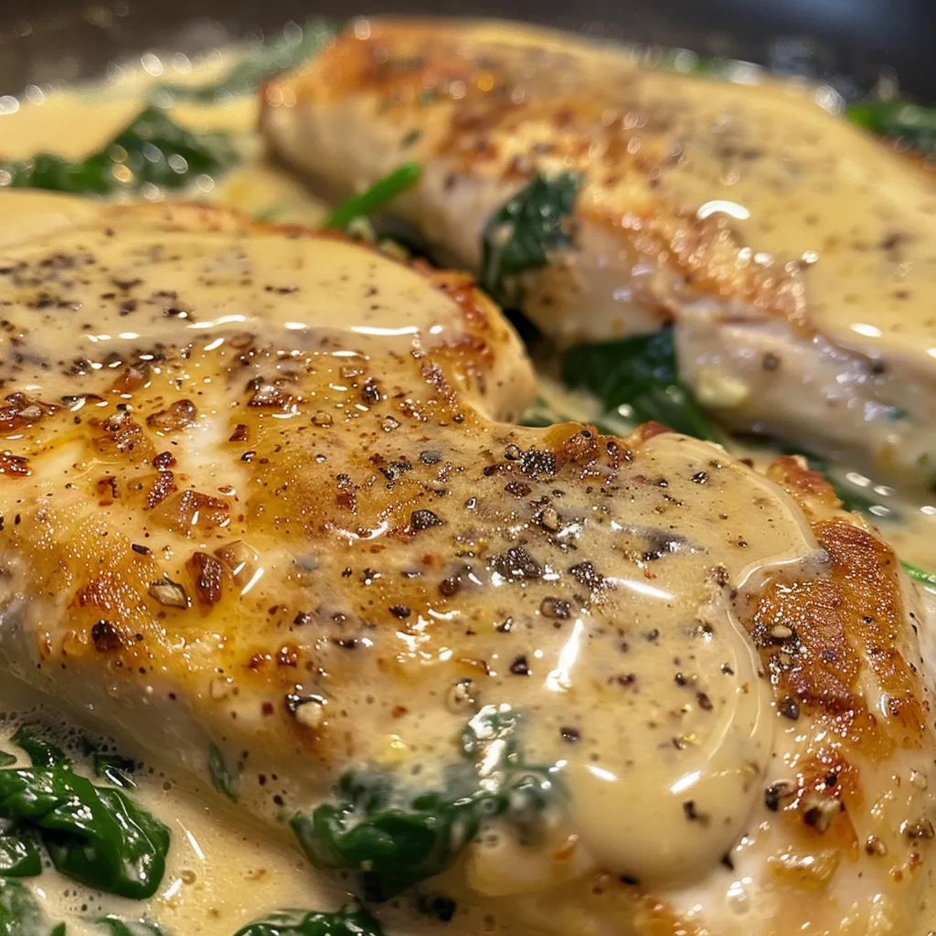 Succulent chicken breasts coated in creamy sauce with spinach, shown in a detailed close-up from a side angle.