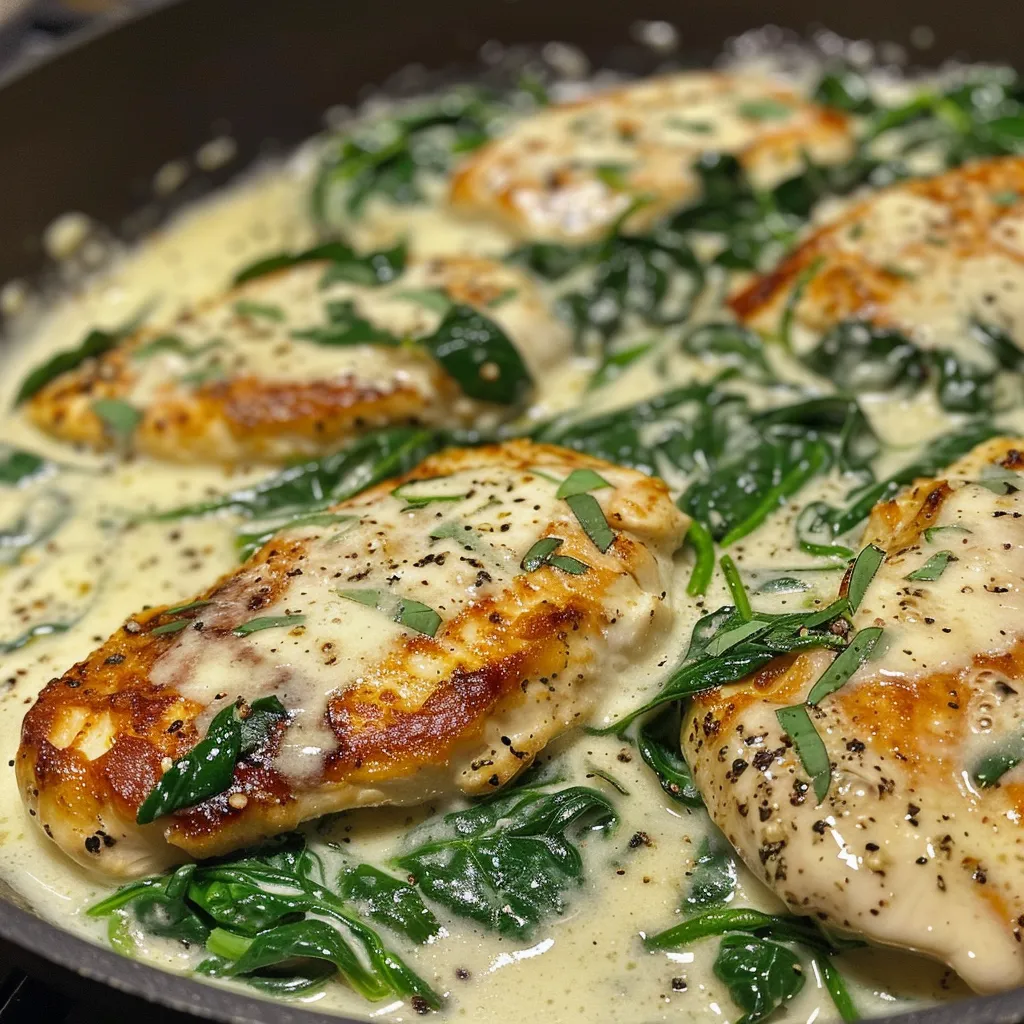 Side view of Creamy Spinach Chicken on a plate, garnished with spinach.