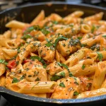 Close-up view of creamy tomato chicken pasta with diced tomatoes and herbs.