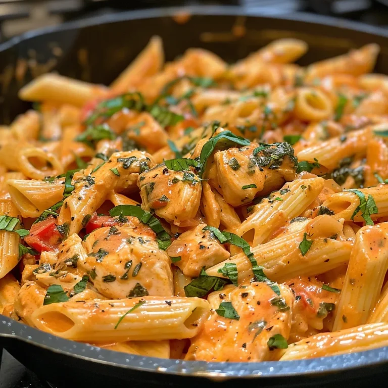 A Hearty Embrace Creamy Tomato Chicken Pasta That Feels Like Home Close-up view of creamy tomato chicken pasta with diced tomatoes and herbs.
