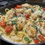 A close-up side view of creamy Tuscan chicken pasta with sun-dried tomatoes and spinach.