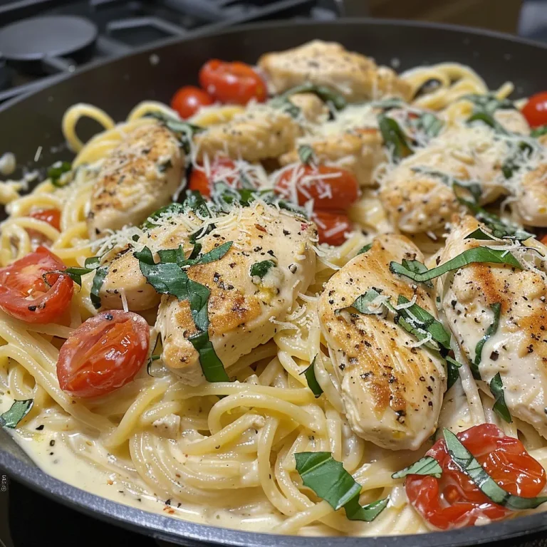 The Creamy Tuscan Chicken Pasta That Whispers of Italian Sunsets A close-up side view of creamy Tuscan chicken pasta with sun-dried tomatoes and spinach.