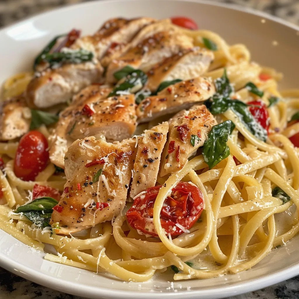A vibrant bowl of creamy Tuscan chicken pasta garnished with fresh basil and cherry tomatoes.