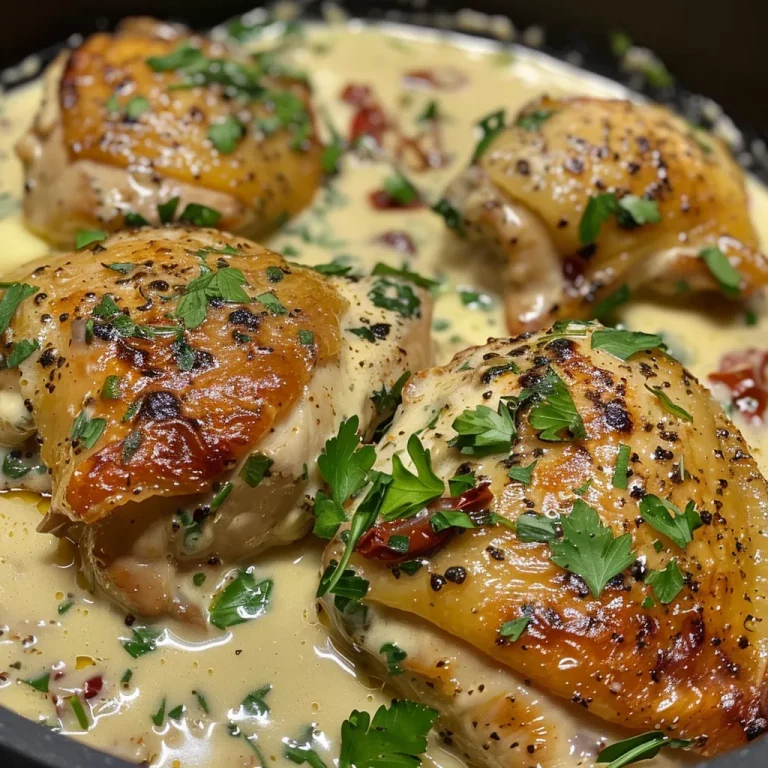 Close-up of creamy Tuscan chicken with spinach and sun-dried tomatoes.