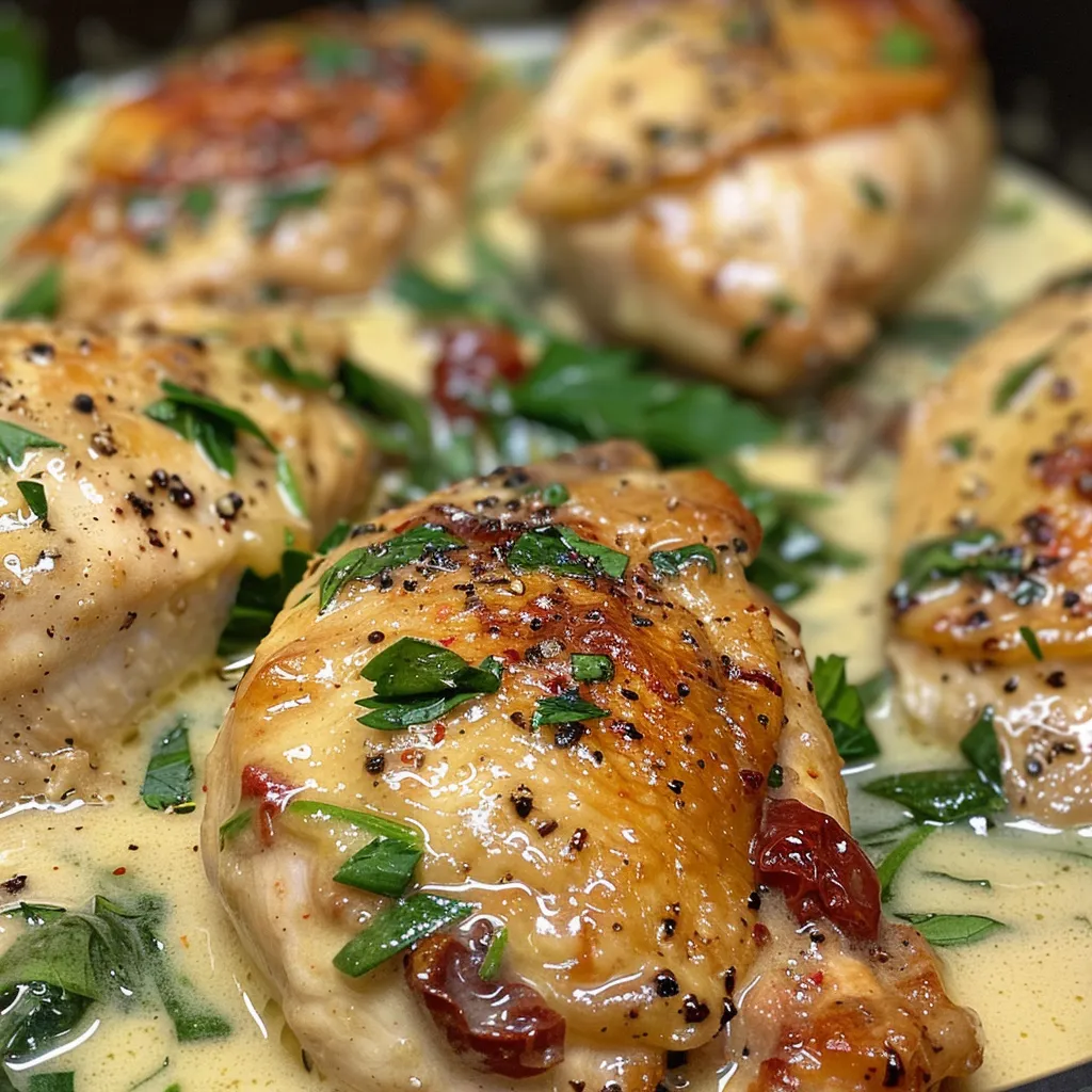 Juicy chicken breast covered in creamy sauce with spinach and sun-dried tomatoes.