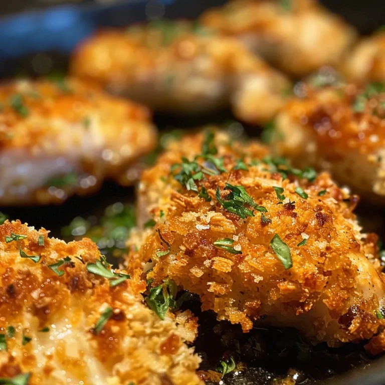 Close-up view of crispy baked panko chicken, showcasing its golden crust and juicy meat.