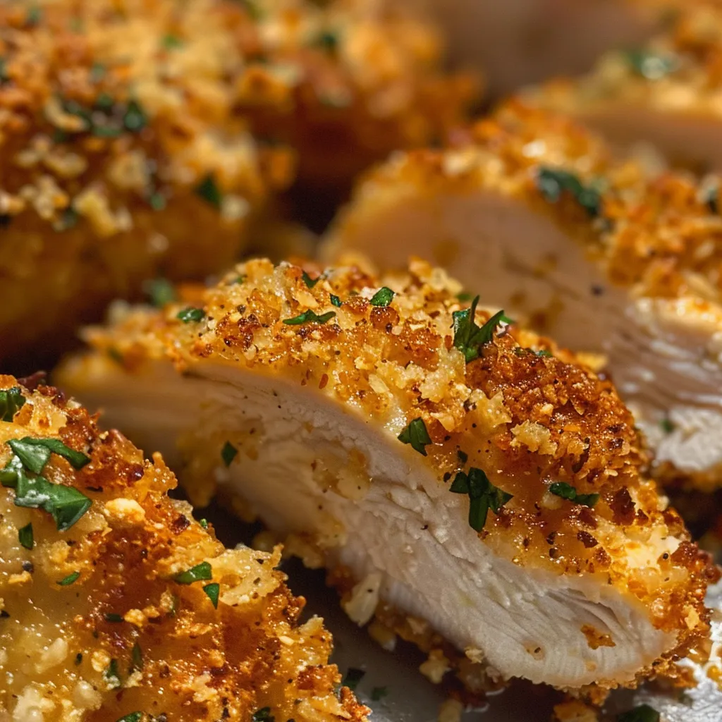 Side angle photo of perfectly baked panko chicken, highlighting its crunchy exterior.