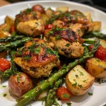 Close-up side view of a plate featuring crispy chicken, asparagus, and golden potatoes.