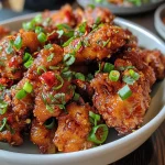 Close-up view of crispy chilli chicken garnished with green chilies and sesame seeds.