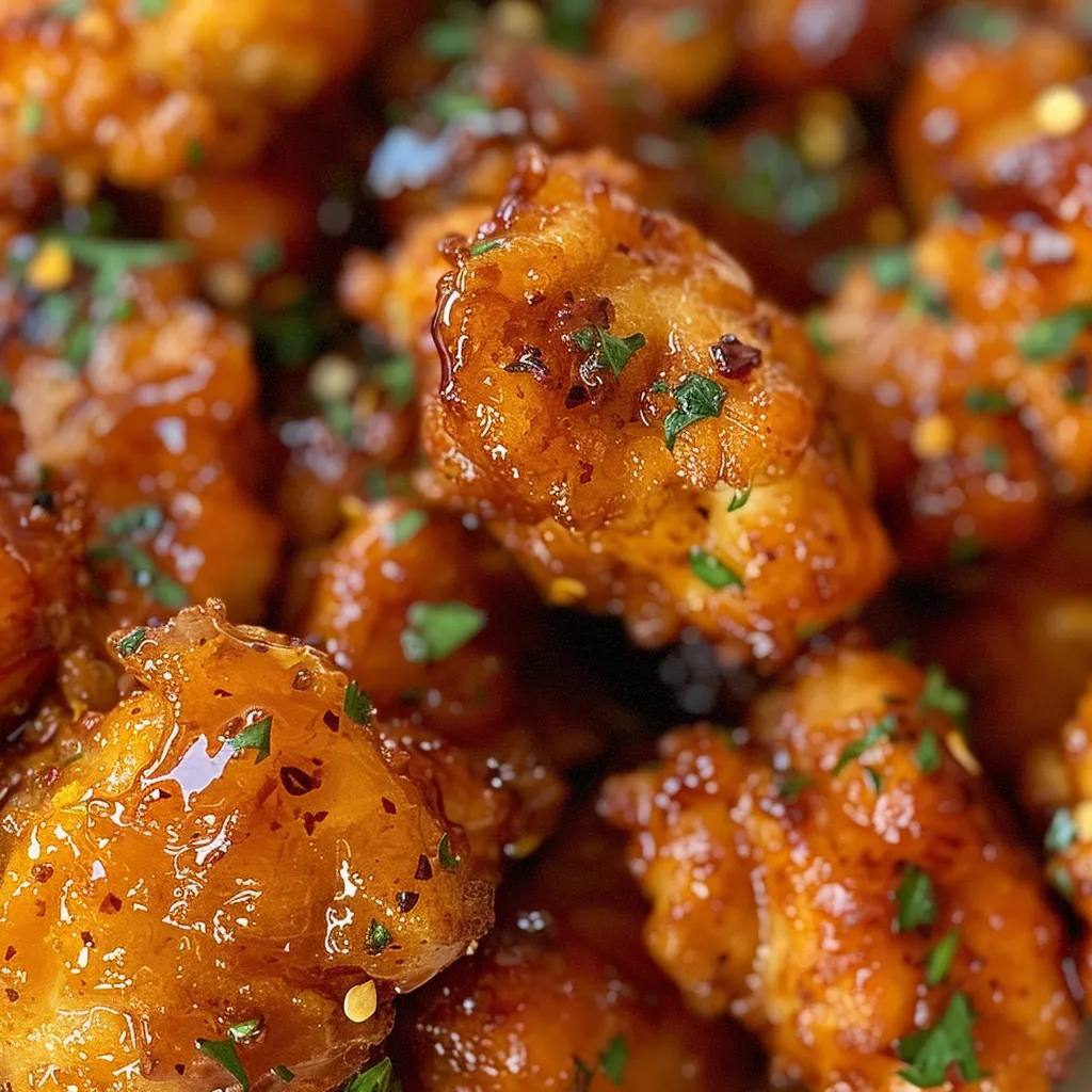 Side angle of juicy honey garlic chicken pieces with a shiny glaze.