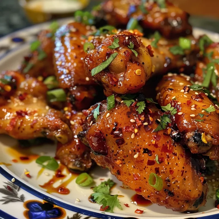 The Sticky, Sweet Wings That Turn Gatherings into Celebrations Close-up side view of crispy hot honey chicken wings garnished with green onions.