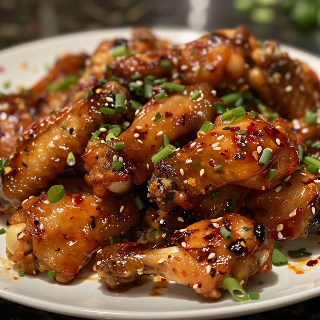 Juicy chicken wings coated in honey glaze with a chili crisp topping, presented on a wooden board.