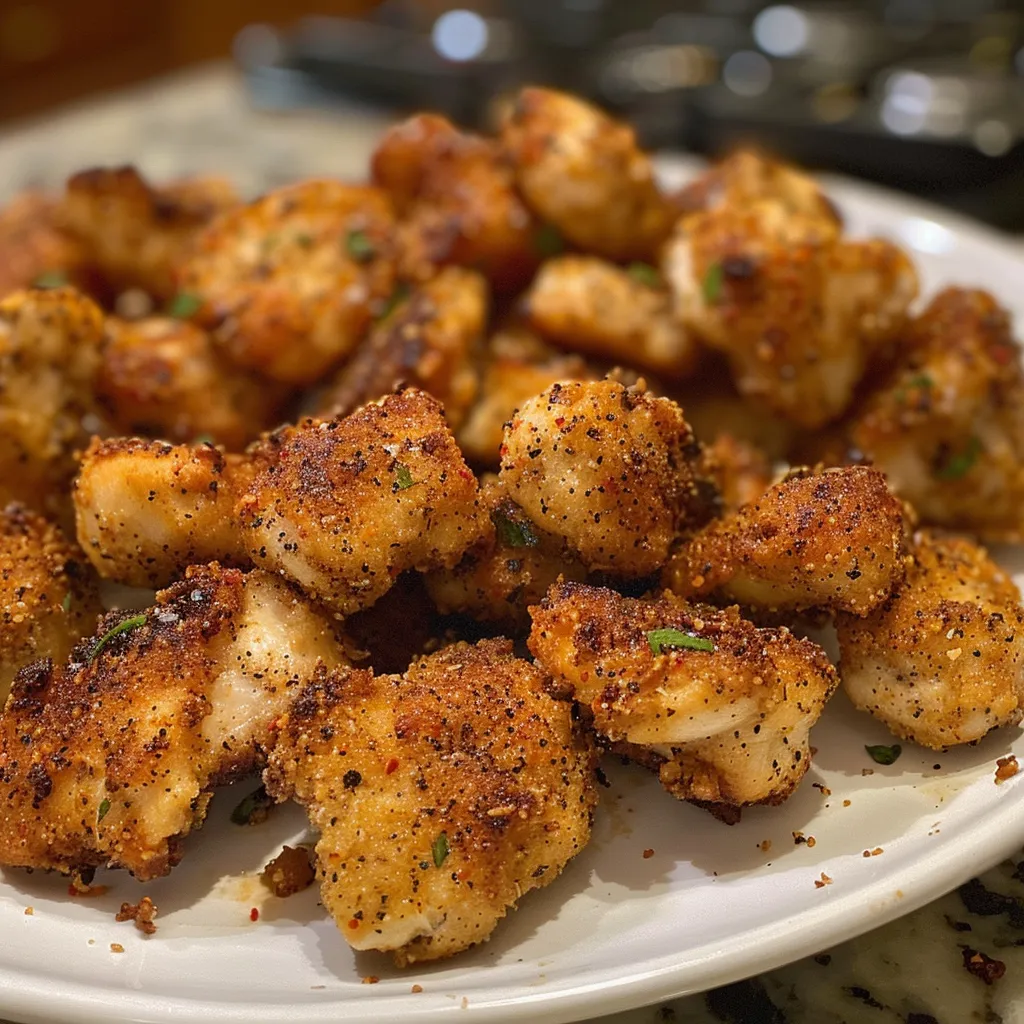 Juicy chicken chunks coated in a golden, crispy crust.