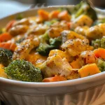 Close-up view of a creamy Crockpot Chicken and Veggie Casserole with colorful vegetables.