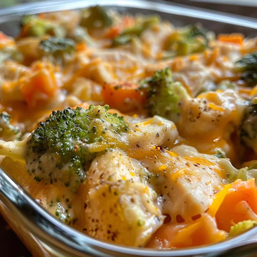 Side view of a hearty chicken casserole featuring mixed vegetables and melted cheese.