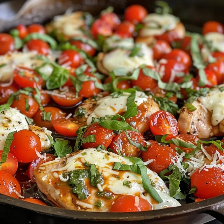 Close-up view of a savory Chicken Caprese Skillet with melted mozzarella and cherry tomatoes.