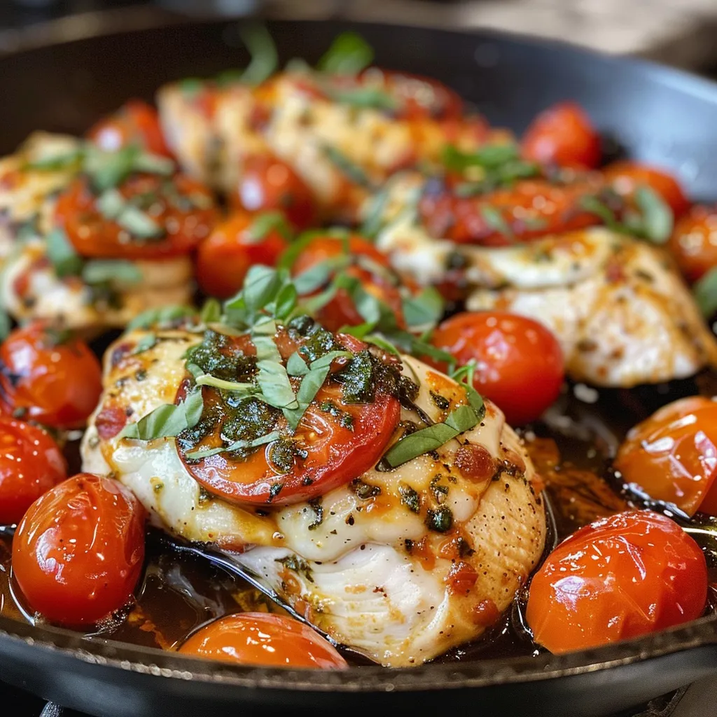 Juicy Chicken Caprese dish garnished with fresh basil and colorful cherry tomatoes.