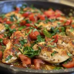 Close-up of a juicy chicken spinach tomato skillet with vibrant colors.