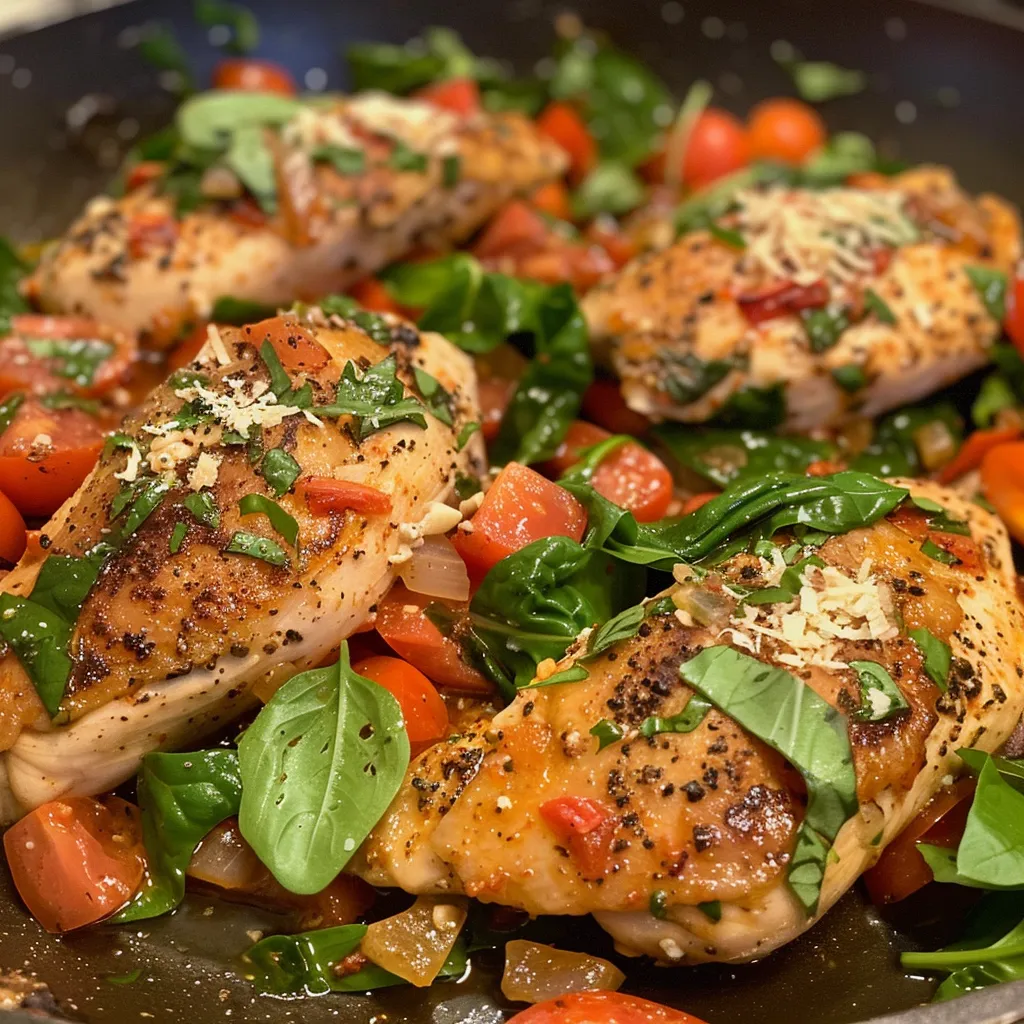 A deliciously cooked chicken dish featuring spinach and diced tomatoes in a skillet.