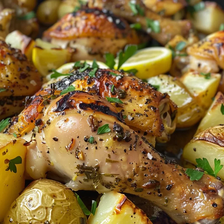 Juicy roasted chicken with golden-brown skin surrounded by chunks of potatoes and garnished with parsley.