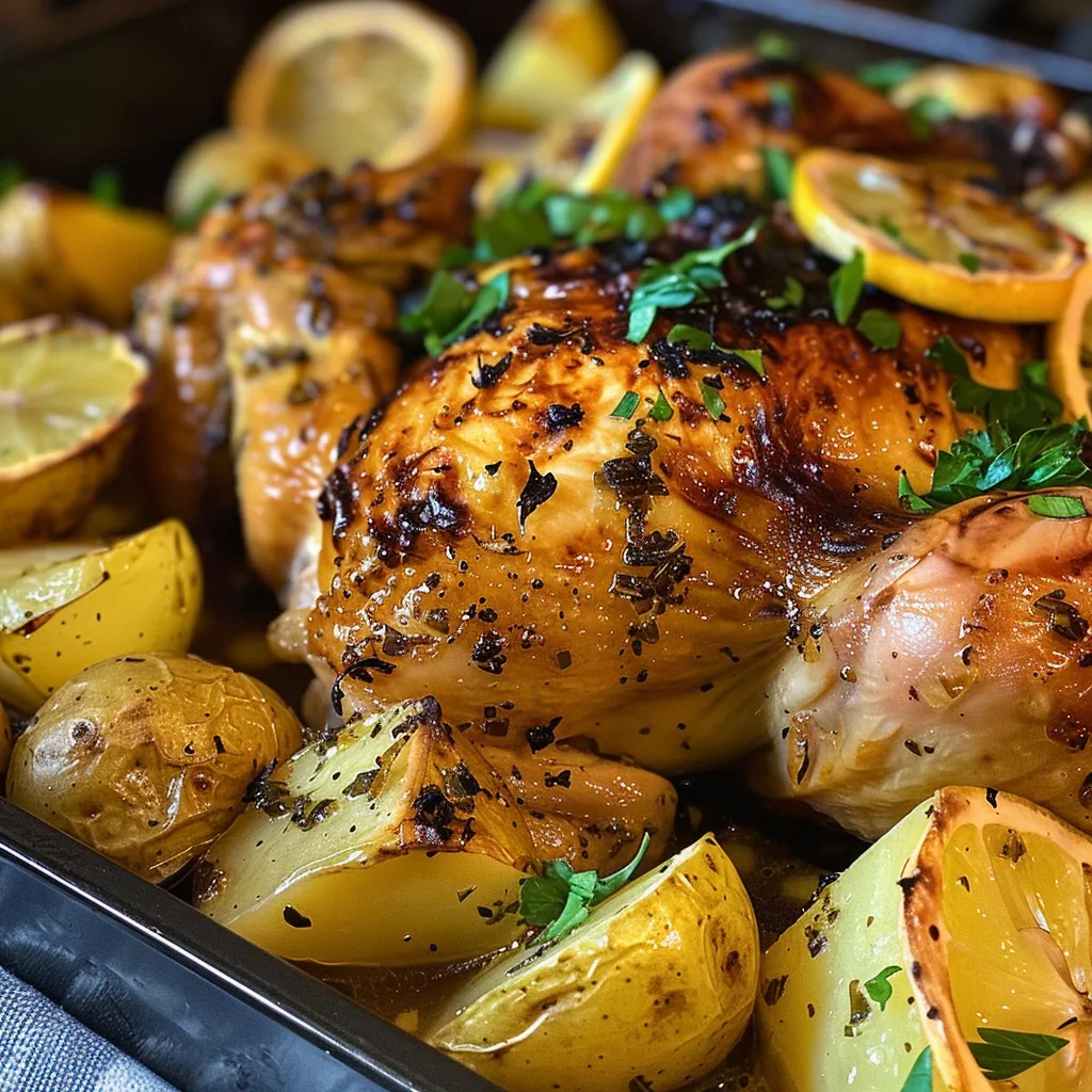 Close-up of a whole lemon garlic roast chicken served with crispy roasted potatoes on a plate.