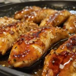 Juicy honey garlic chicken breast garnished with herbs on a plate.