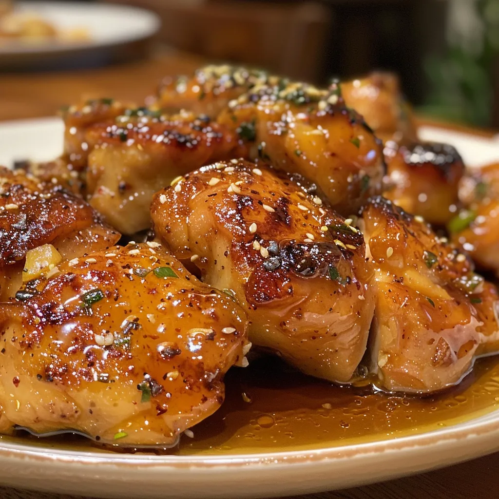 Close-up of tender chicken glazed with honey garlic sauce drizzled on top.