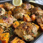 Close-up of juicy chicken thighs and sweet potatoes on a baking tray.