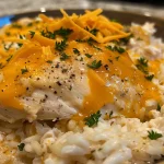 Close-up shot of a plate featuring juicy ranch chicken served over rice.