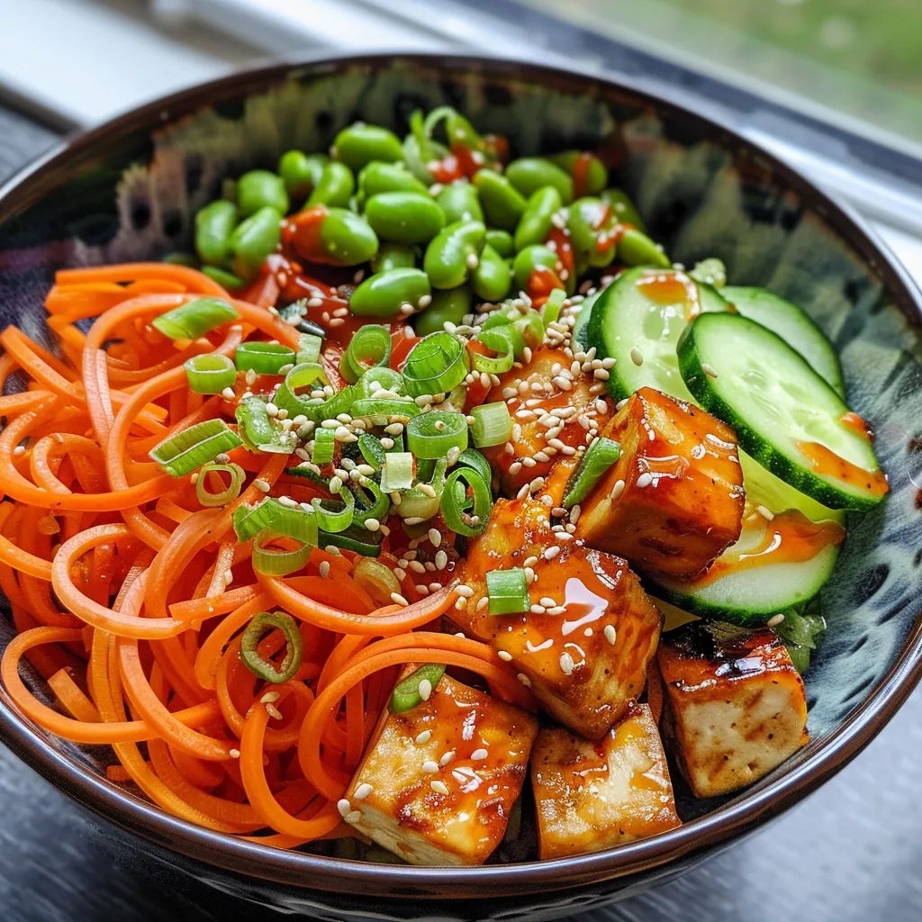 Side view photo of a vibrant noodle bowl with spiralized vegetables, grilled tofu, and a drizzle of sauce.