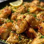 Juicy garlic butter chicken bites served with lemon parmesan couscous.