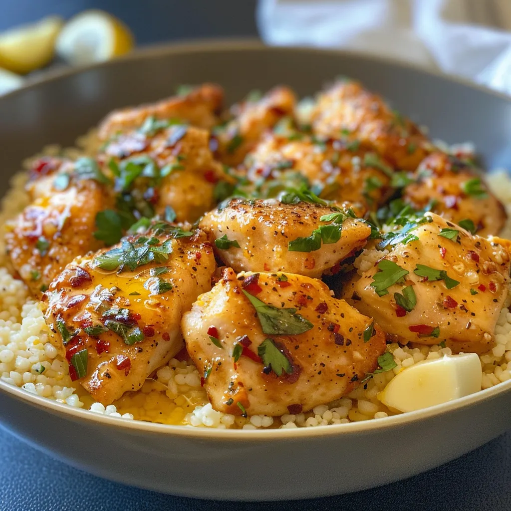 Close-up of tender chicken bites glazed with garlic butter beside fluffy couscous.
