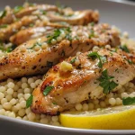 Close-up view of juicy garlic butter chicken with lemon dill couscous on a white plate.