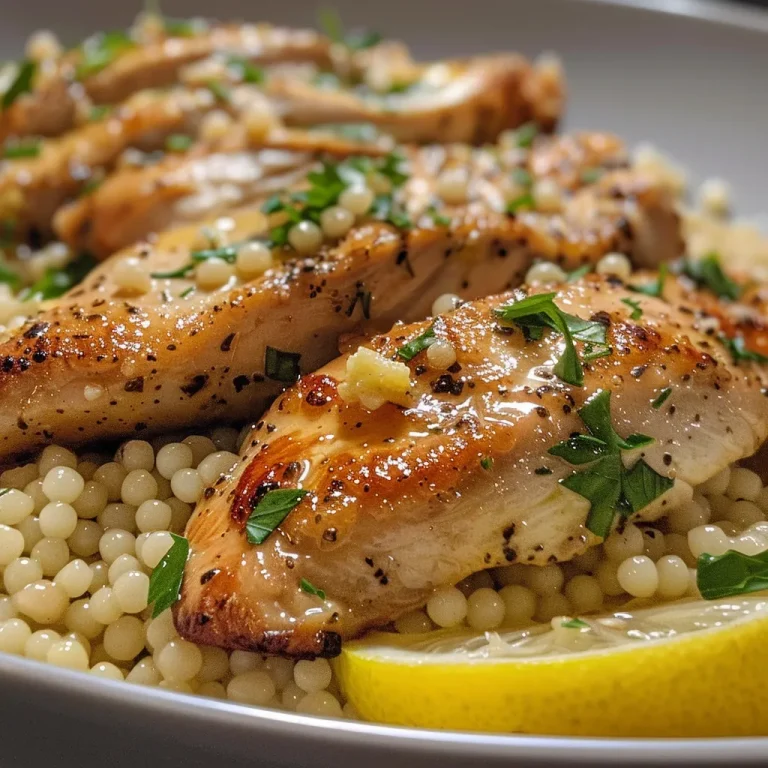 Close-up view of juicy garlic butter chicken with lemon dill couscous on a white plate.