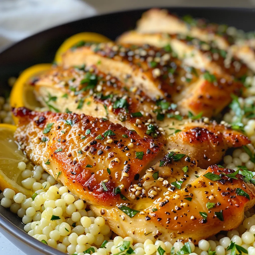 Side view of cooked garlic butter chicken garnished with herbs and served with pearl couscous.