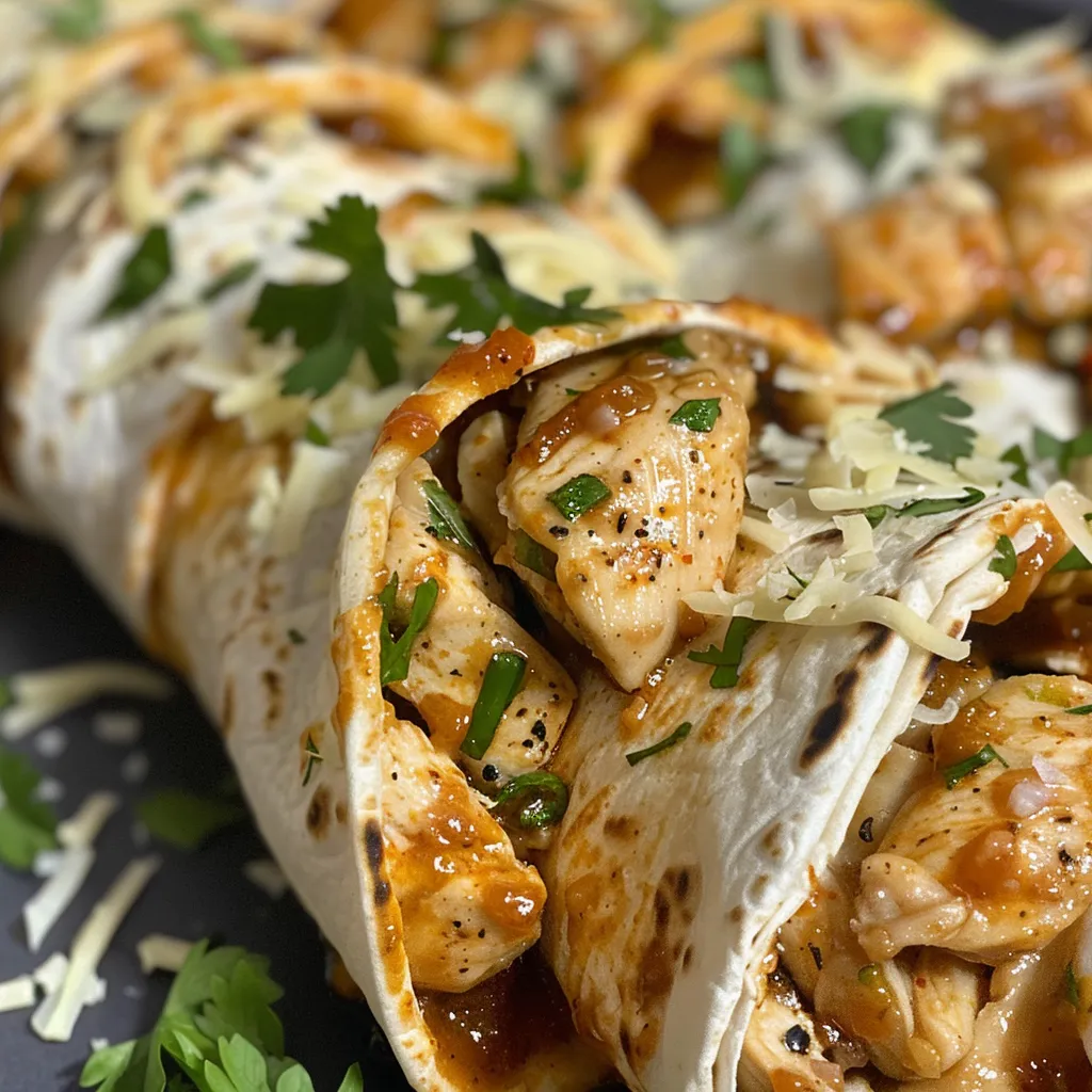 Side view of a juicy Garlic Butter Chicken Wrap filled with chicken strips and cheese.