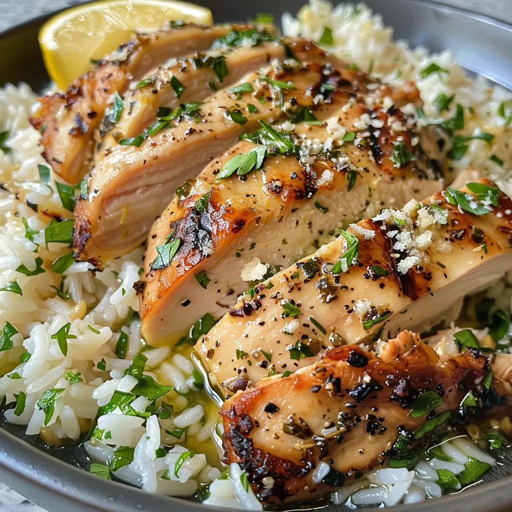 Juicy chicken thighs served over a bed of rice, garnished with creamy Parmesan sauce.