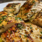 Juicy Garlic Herb Chicken Breast with a golden crust, garnished with fresh parsley.
