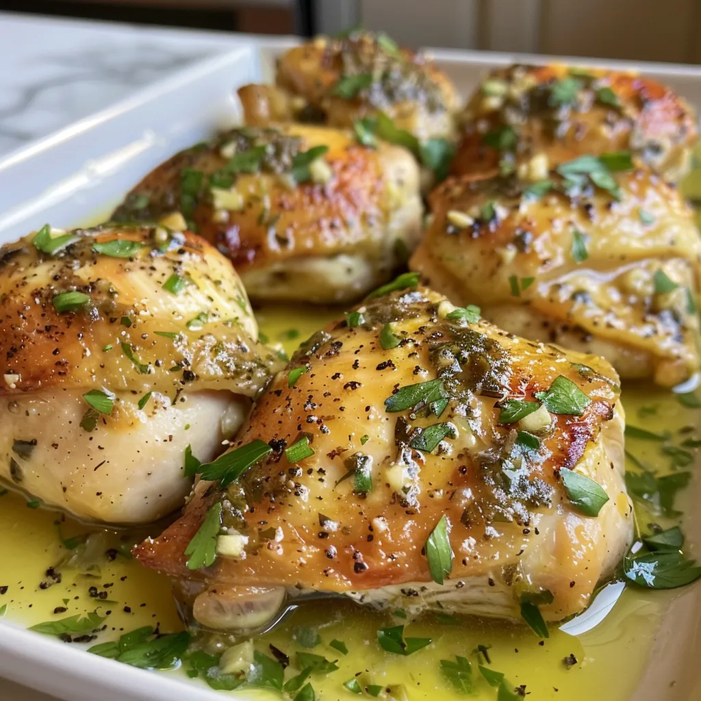 Close-up of tender chicken breast seasoned with garlic and herbs, glistening with olive oil.