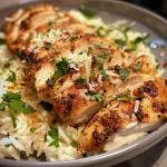 Close-up view of juicy Garlic Parmesan Chicken and Rice served in a white bowl with parsley garnish.