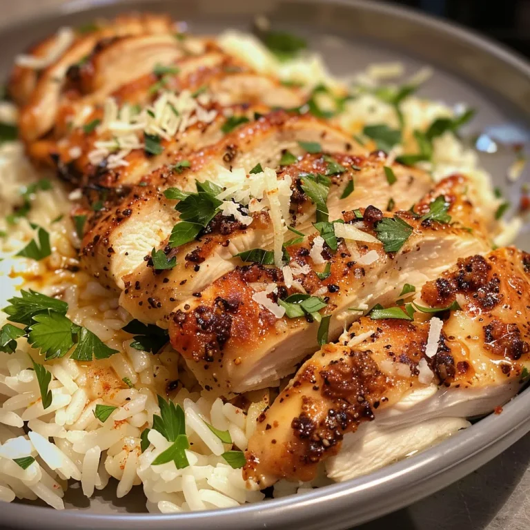 Close-up view of juicy Garlic Parmesan Chicken and Rice served in a white bowl with parsley garnish.