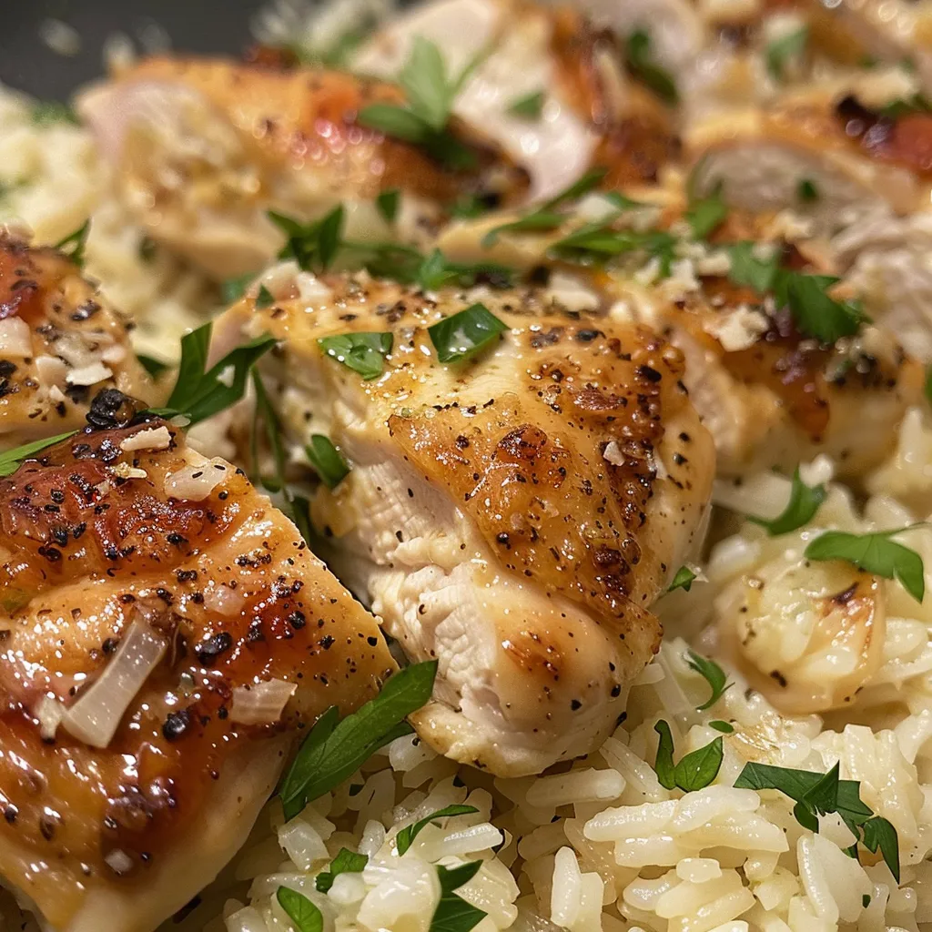Side view of succulent chicken pieces mixed with rice and creamy garlic sauce topped with parmesan.