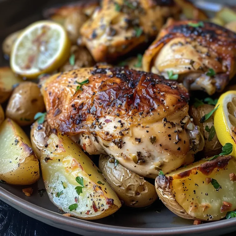 Juicy Greek lemon chicken thigh beside golden roasted potatoes.