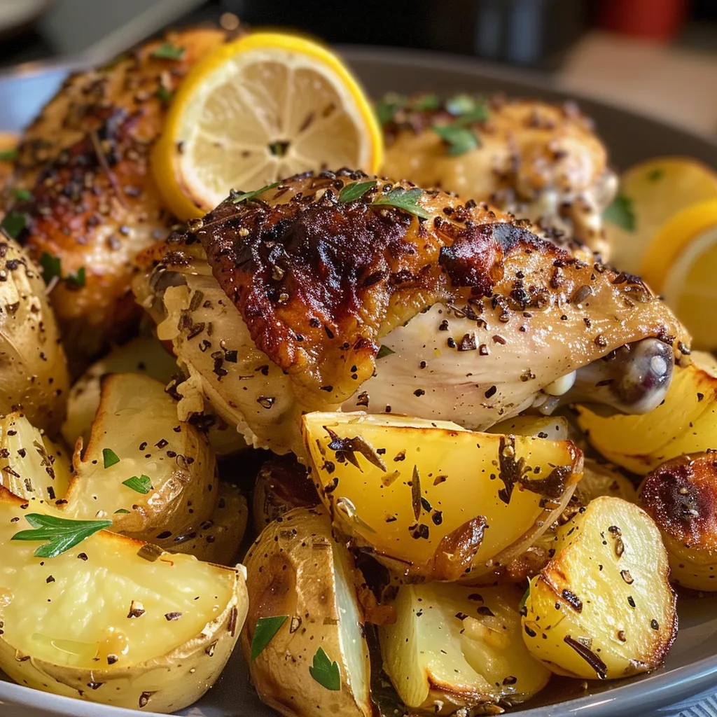 Close-up view of lemon chicken with crispy, quartered potatoes on a plate.