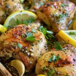 Juicy Greek Oven Baked Chicken Breast with lemon slices and parsley garnish.