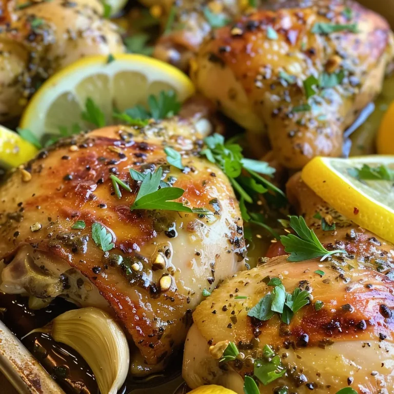 Juicy Greek Oven Baked Chicken Breast with lemon slices and parsley garnish.