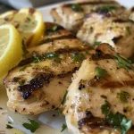 Juicy Greek yogurt marinated chicken cutlets arranged on a wooden board.