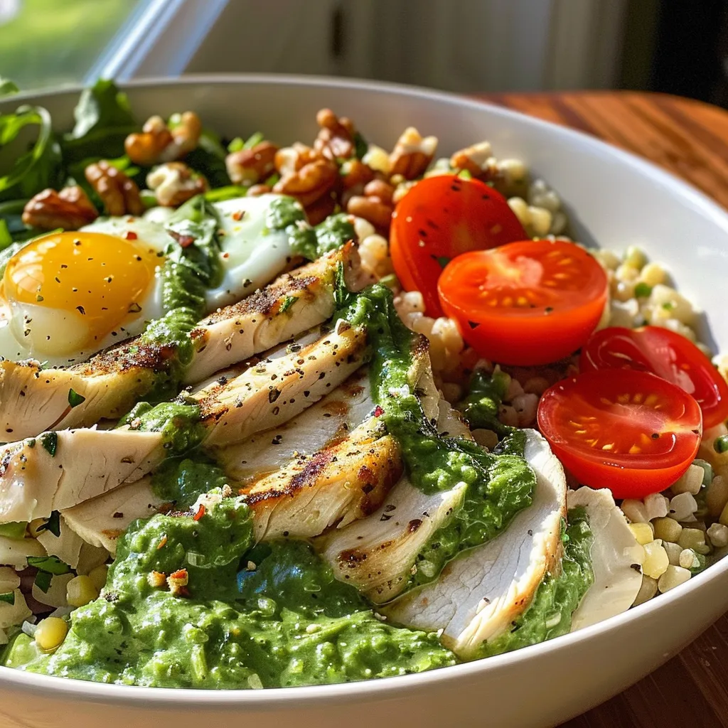 A hearty grain bowl featuring juicy chicken thighs, vibrant grape tomatoes, lettuce, and a drizzle of green sauce.